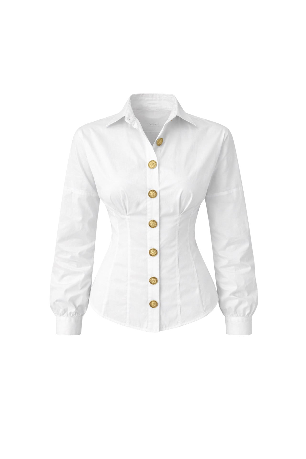 Elegante Damenbluse mit Goldknöpfen – Figurbetonte weiße Bluse