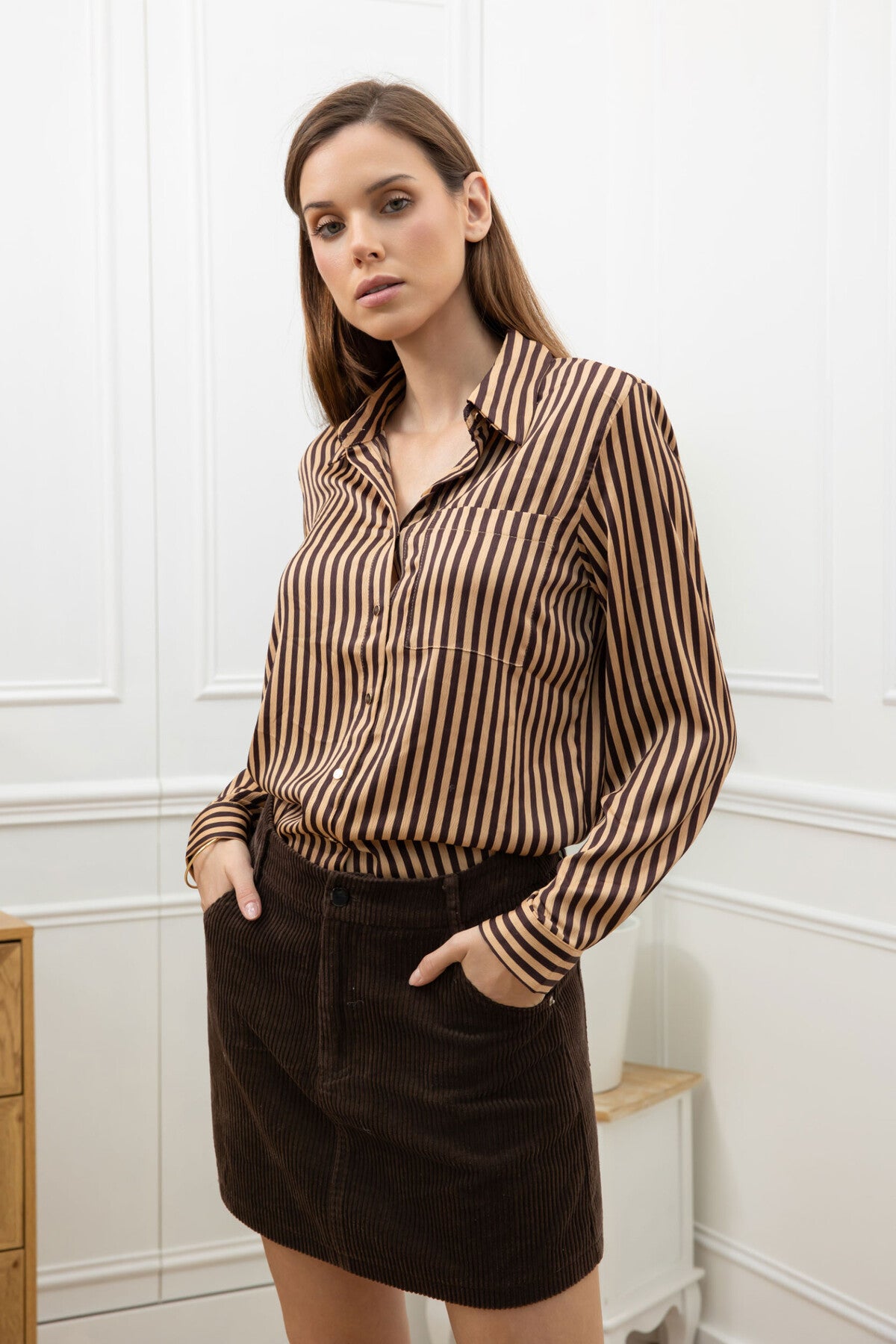 Gestreiftes Langarmhemd – Camel & Braun