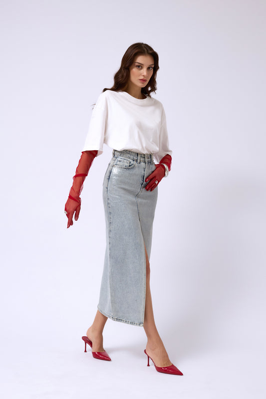 Denim Midirock mit Frontschlitz