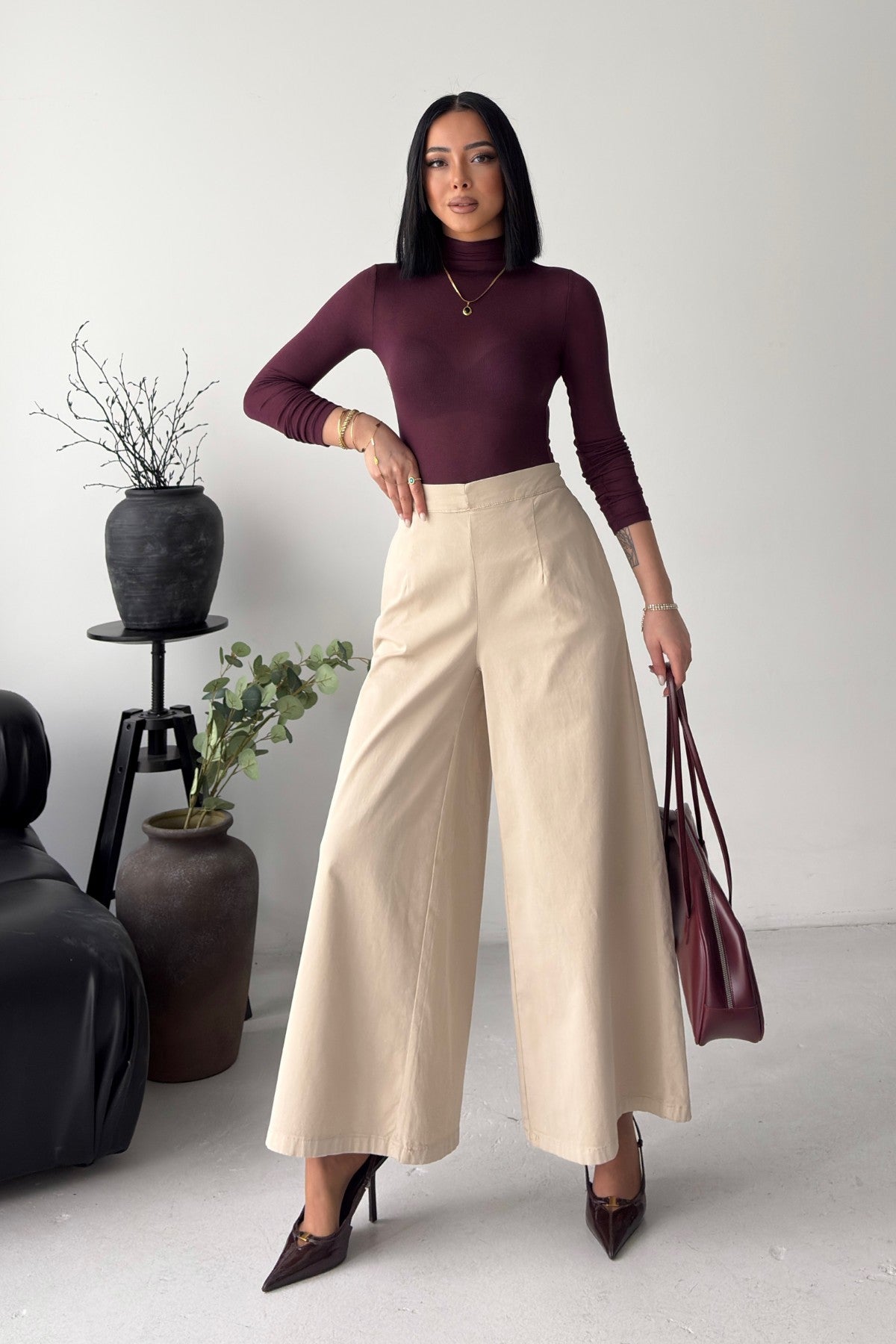 Damen Wide Leg Hose – Elegante High Waist Hose in Beige
