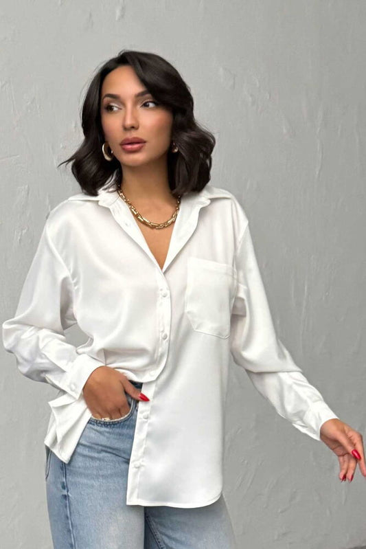 Damen Satinbluse – Elegante Oversize Bluse in Weiß