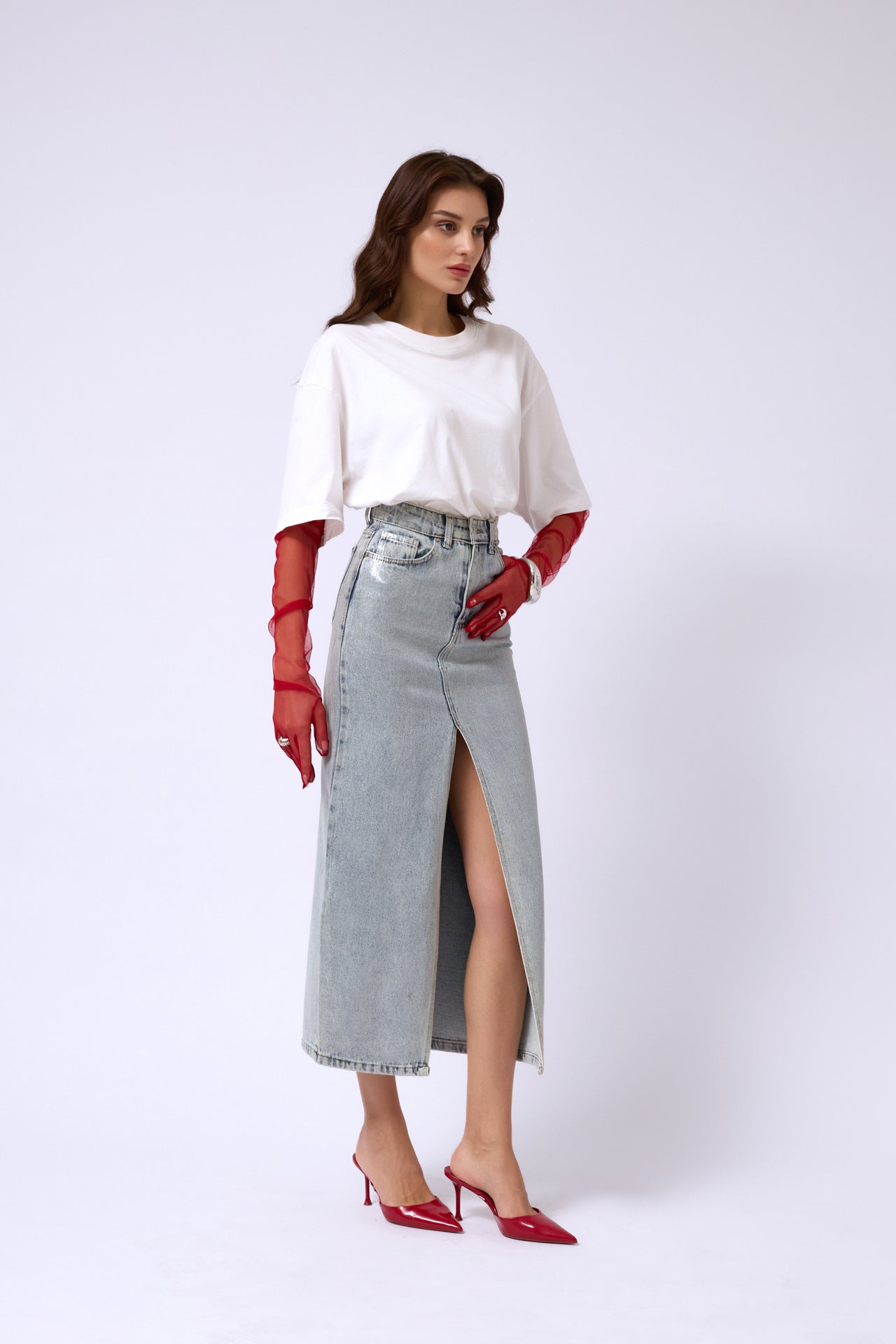 Denim Midirock mit Frontschlitz