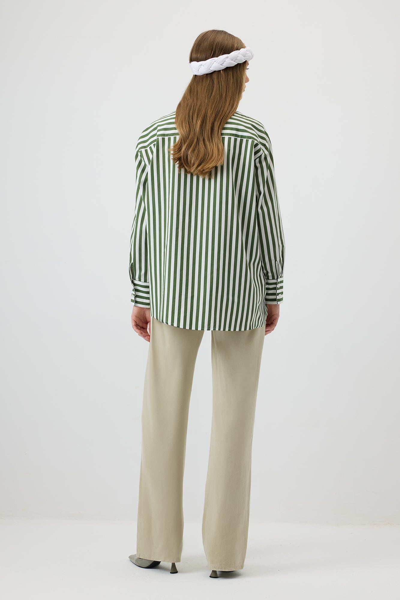 Damen Oversize Hemd – Gestreifte Bluse in Grün-Weiß
