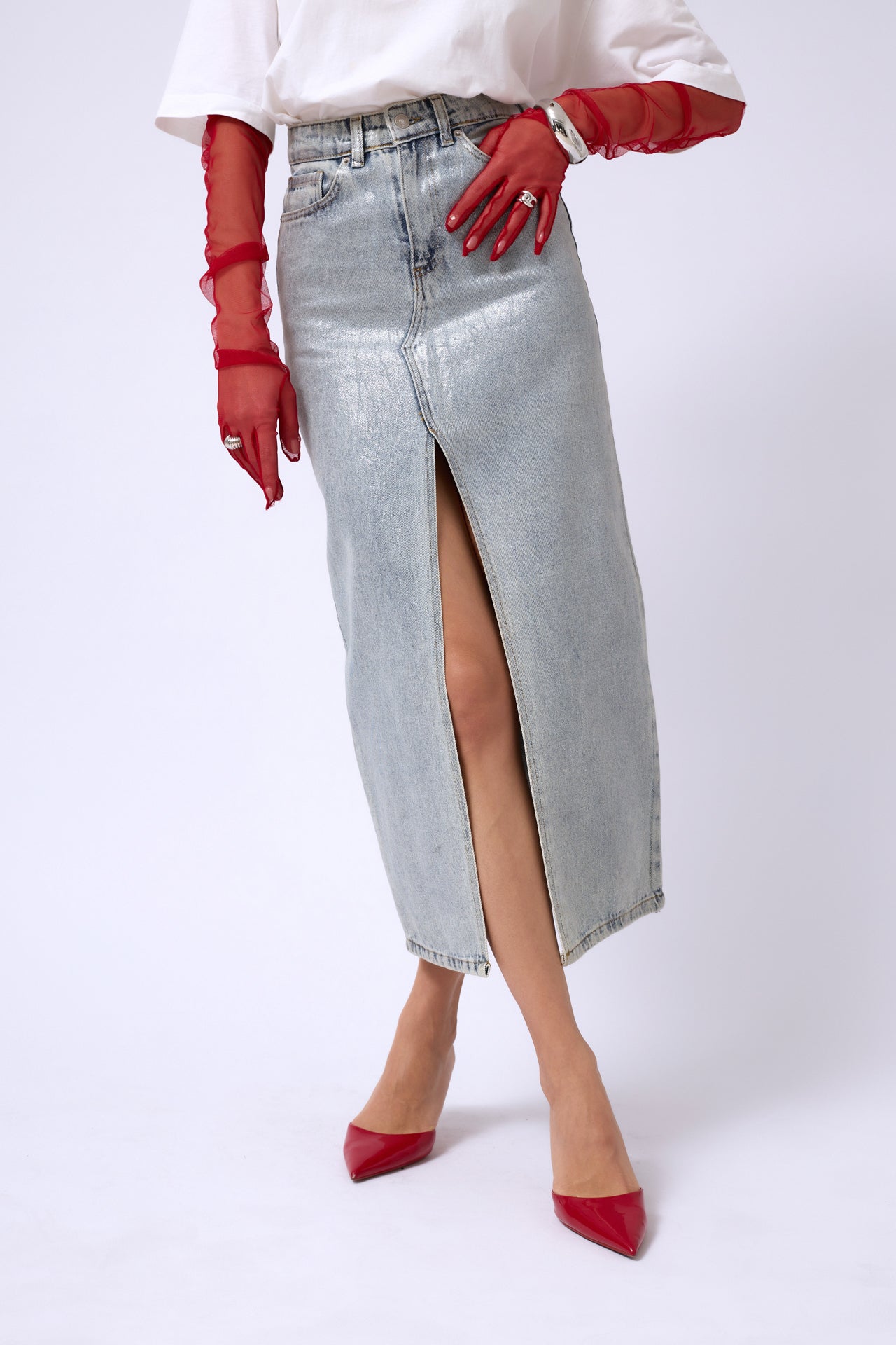 Denim Midirock mit Frontschlitz