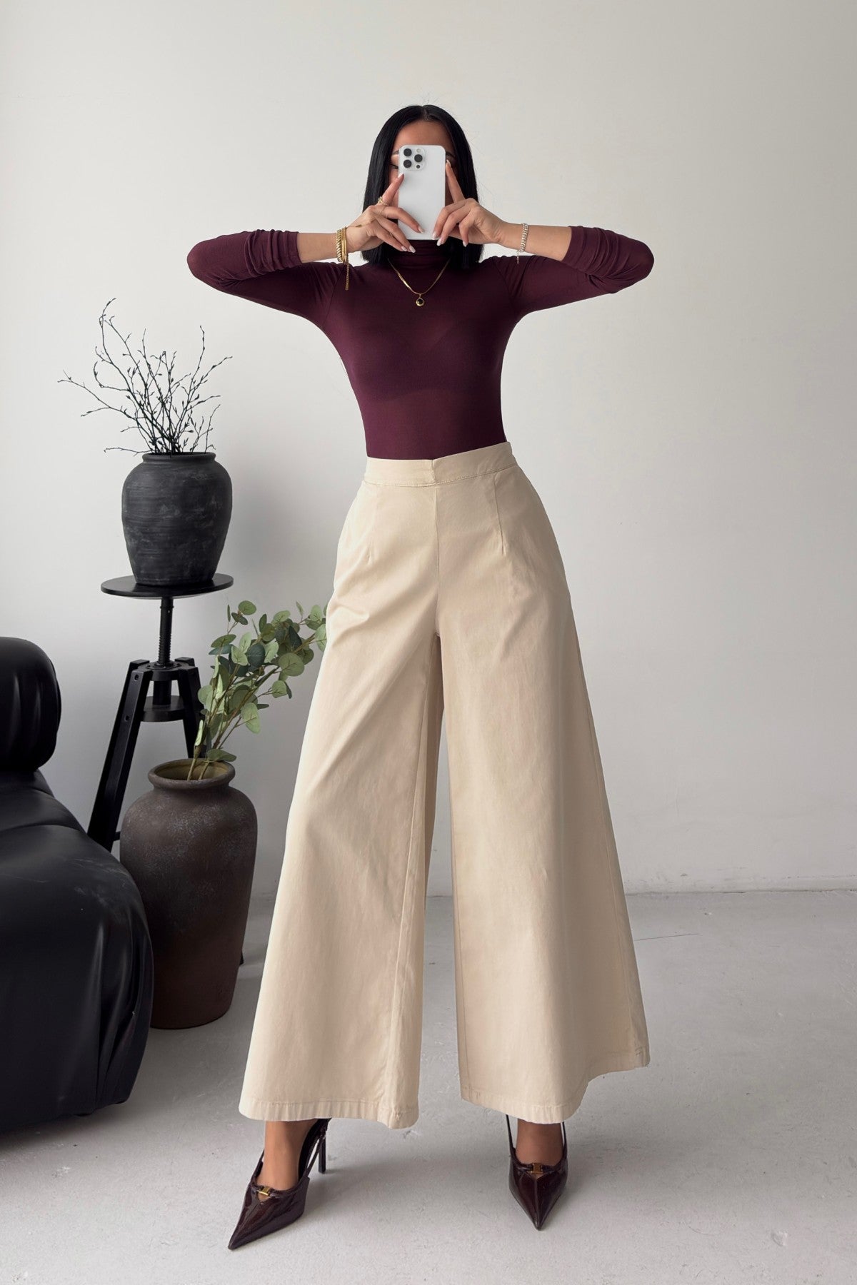 Damen Wide Leg Hose – Elegante High Waist Hose in Beige