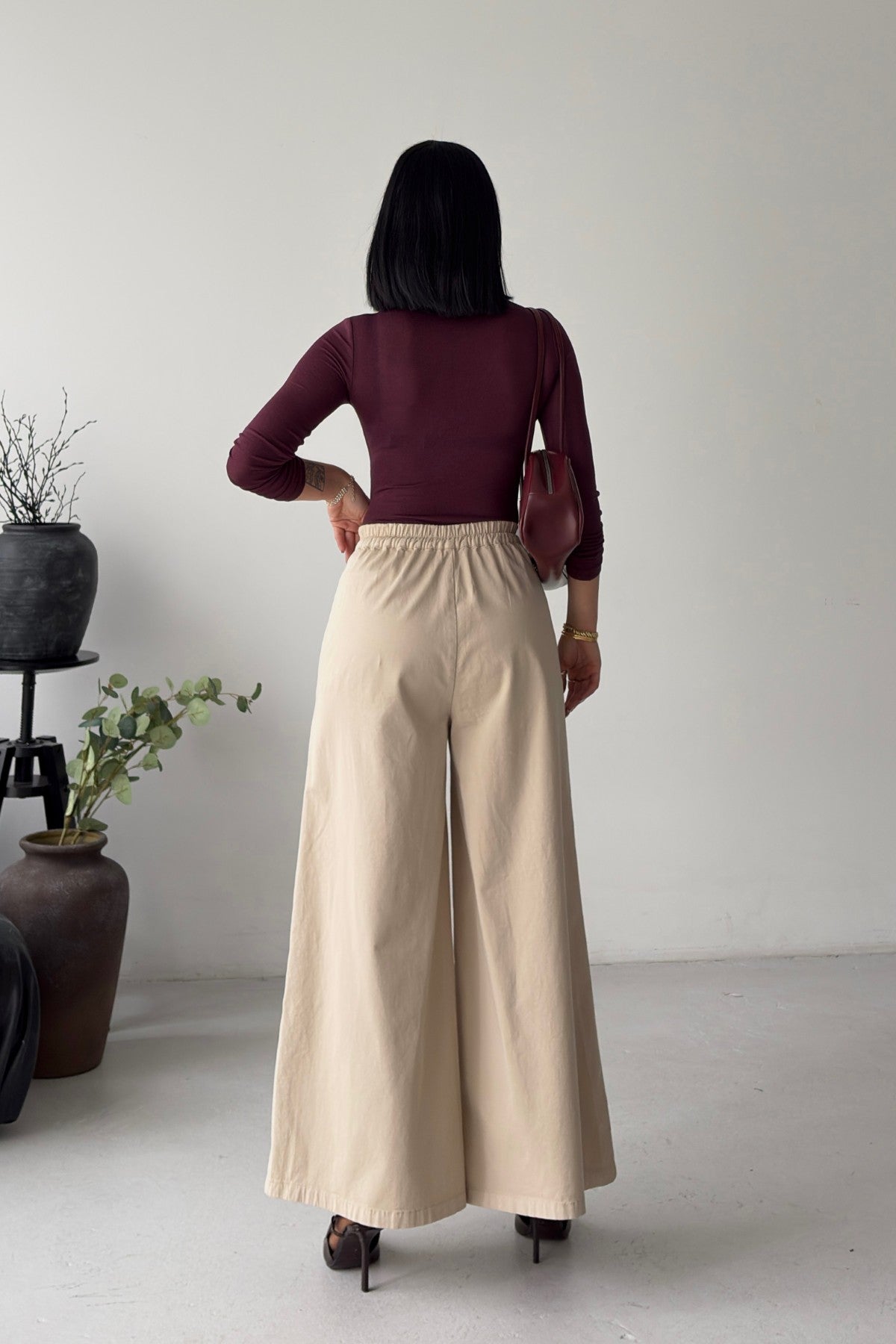 Damen Wide Leg Hose – Elegante High Waist Hose in Beige