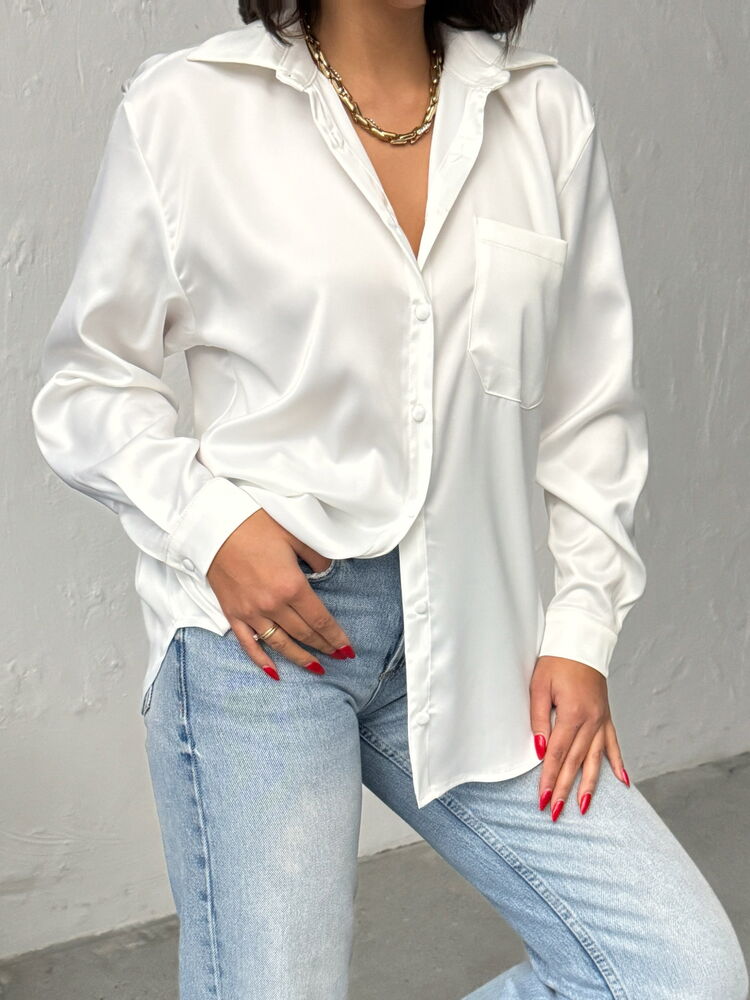 Damen Satinbluse – Elegante Oversize Bluse in Weiß