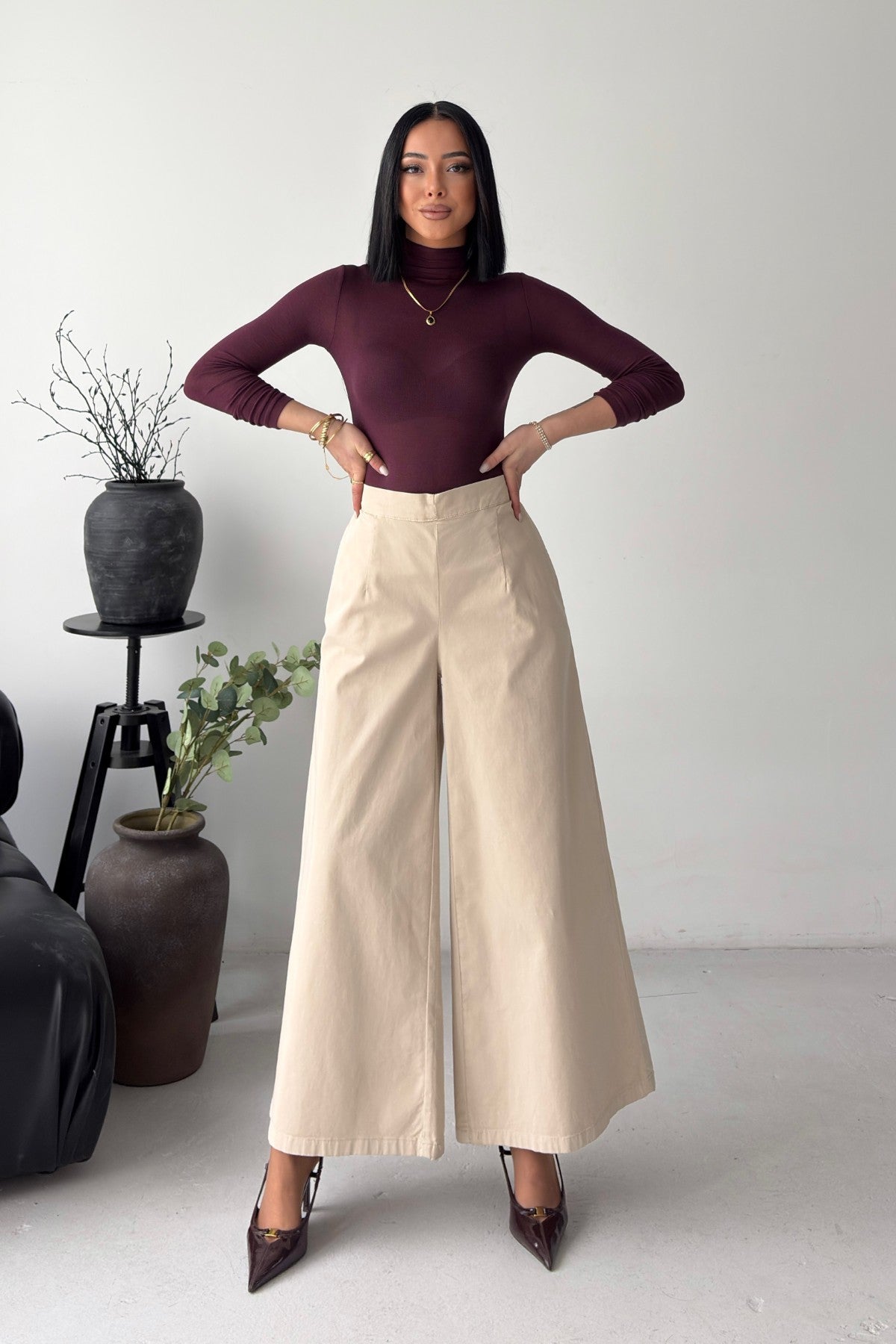 Damen Wide Leg Hose – Elegante High Waist Hose in Beige