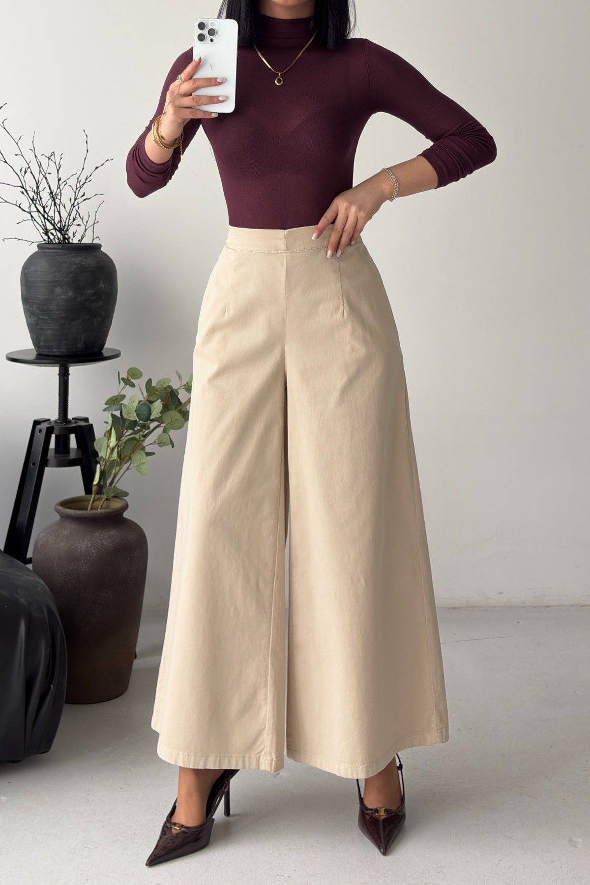 Damen Wide Leg Hose – Elegante High Waist Hose in Beige
