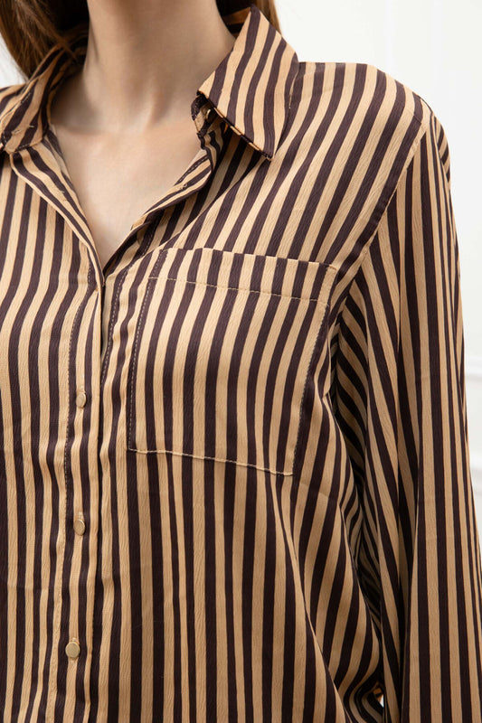 Gestreiftes Langarmhemd – Camel & Braun