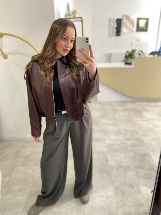 Damen Kunstlederjacke – Oversize Jacke in Bordeaux